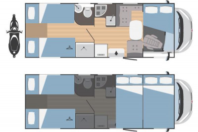 Tloris avtodoma Rimor Saurus 695 - razporeditev prostorov, dan/noč
